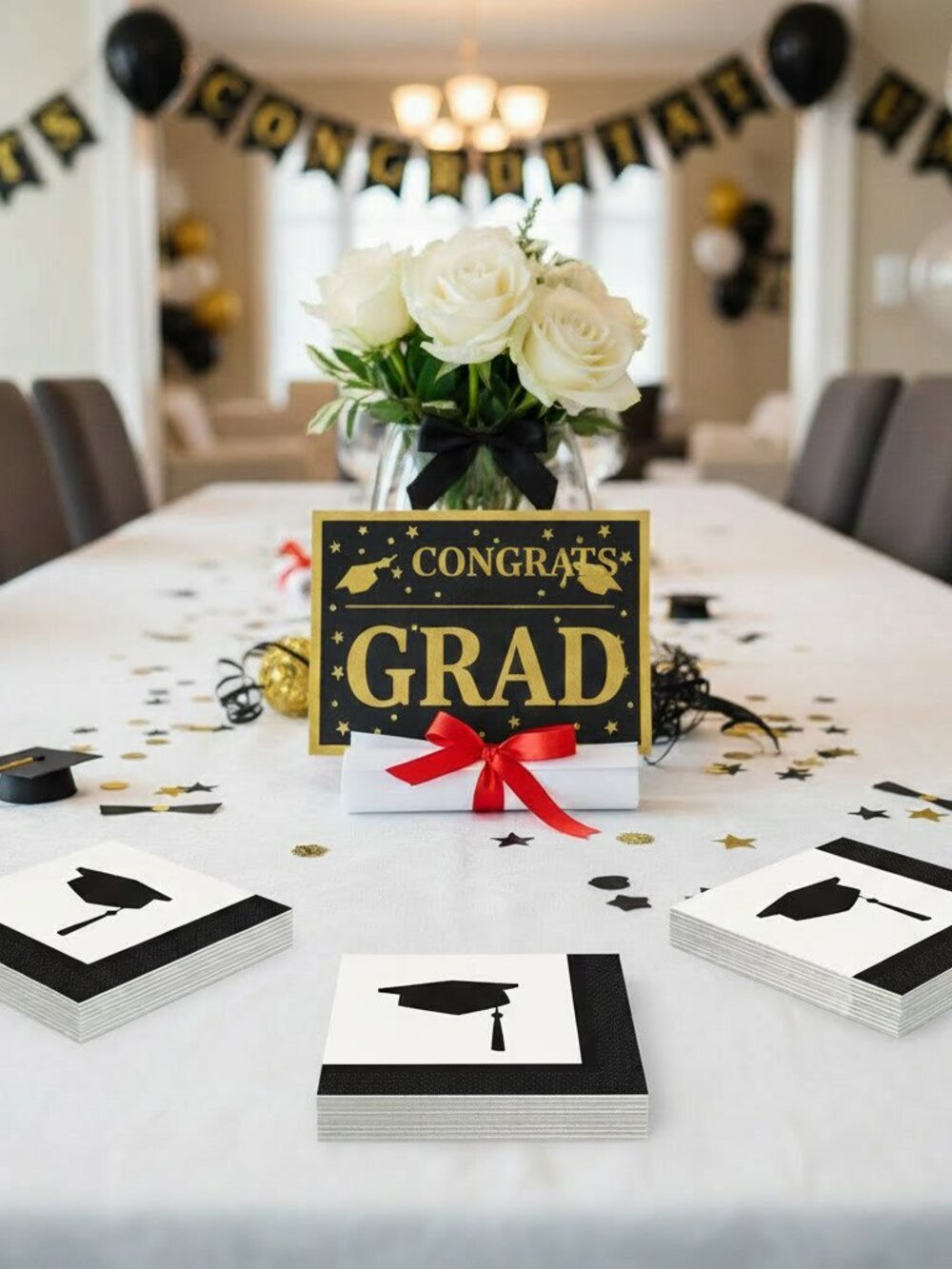 Unique Graduation Beverage Napkins Black White Mortarboard Cap Party Pack 24ct